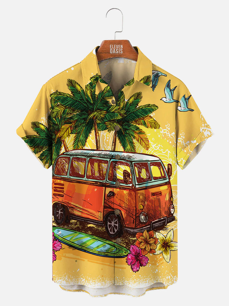 Vacation Retro Car Print Men's Short Sleeve ShirtMens short sleeve shirts Big and tall Mens shirts Short sleeve shirts for men Mens 4xl shirts Casual short sleeve shirts