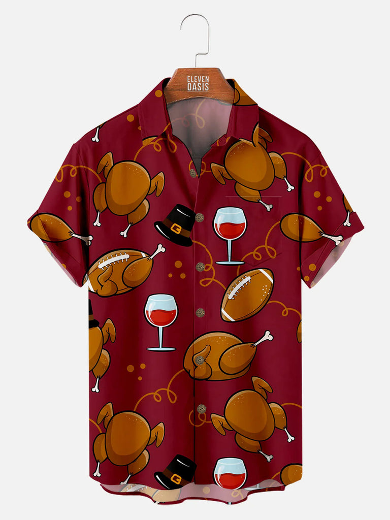 Men's Thanksgiving Short Sleeve Shirt With Turkey And Red Wine PatternMens short sleeve shirts Big and tall Mens shirts Short sleeve shirts for men Mens 4xl shirts Casual short sleeve shirts