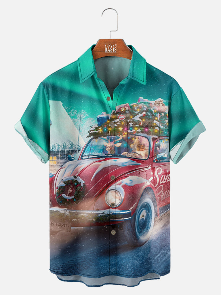 Santa Driving VW Bug With Christmas Tree Short Sleeve Shirt, mens short sleeve shirts¡ê?big and tall mens shirts¡ê?short sleeve shirts for men¡ê?mens 4xl shirts¡ê?casual short sleeve shirts