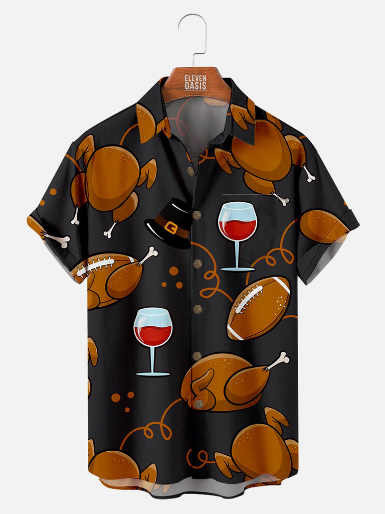 Men's Thanksgiving Short Sleeve Shirt With Turkey And Red Wine PatternMens short sleeve shirts Big and tall Mens shirts Short sleeve shirts for men Mens 4xl shirts Casual short sleeve shirts