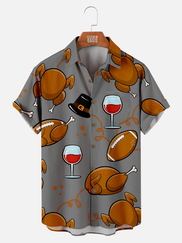 Men's Thanksgiving Short Sleeve Shirt With Turkey And Red Wine PatternMens short sleeve shirts Big and tall Mens shirts Short sleeve shirts for men Mens 4xl shirts Casual short sleeve shirts