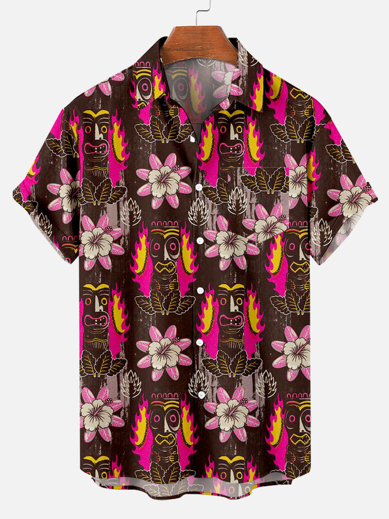 Men's Floral Tiki Pattern Short Sleeve Shirt with Chest PocketMens short sleeve shirts Big and tall Mens shirts Short sleeve shirts for men Mens 4xl shirts Casual short sleeve shirts