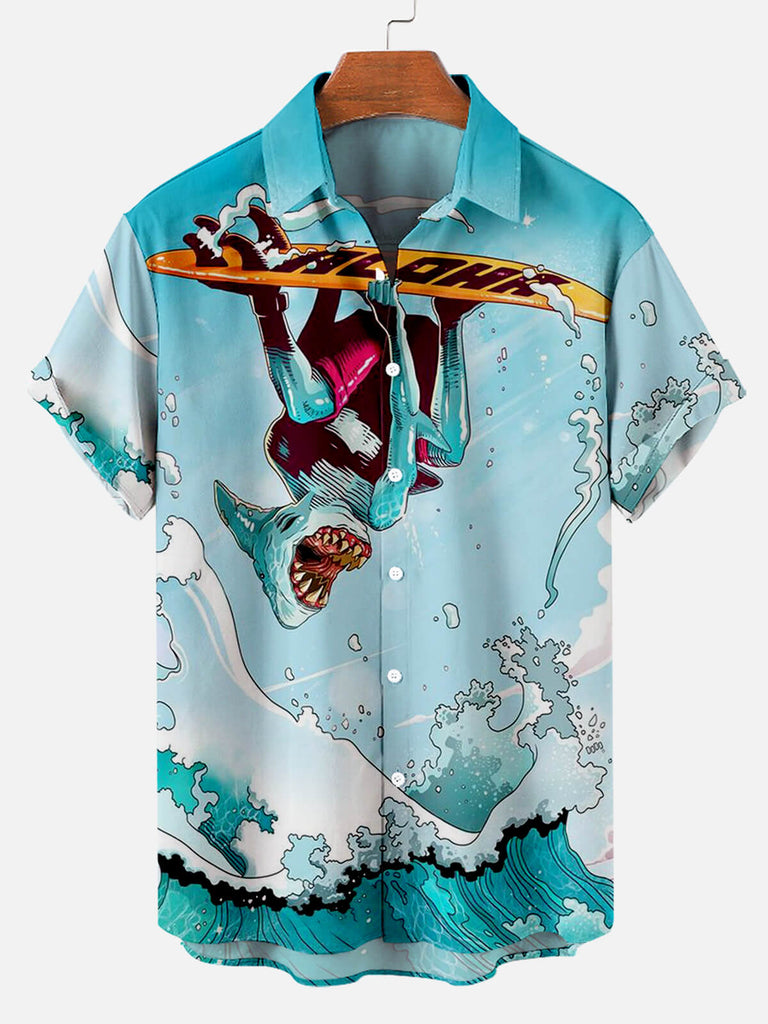 Hawaii Surf Sharkman Pattern Men's Short Sleeve TopMens short sleeve shirts Big and tall Mens shirts Short sleeve shirts for men Mens 4xl shirts Casual short sleeve shirts