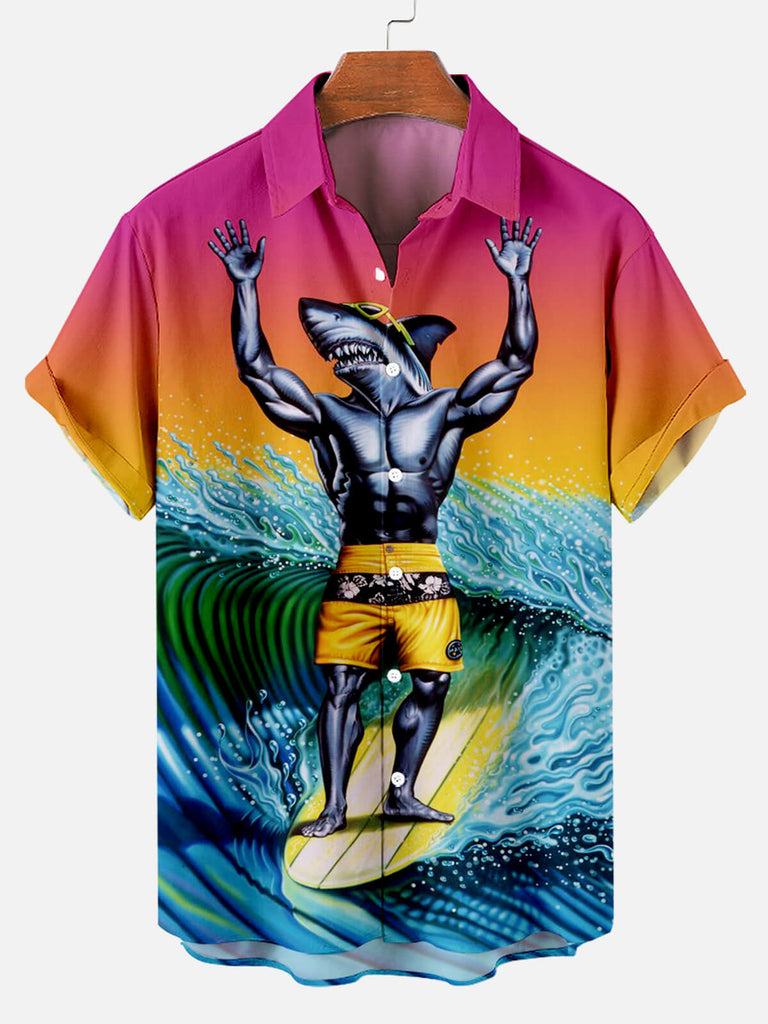 Hawaii Surf Sharkman Pattern Men's Short Sleeve TopMens short sleeve shirts Big and tall Mens shirts Short sleeve shirts for men Mens 4xl shirts Casual short sleeve shirts