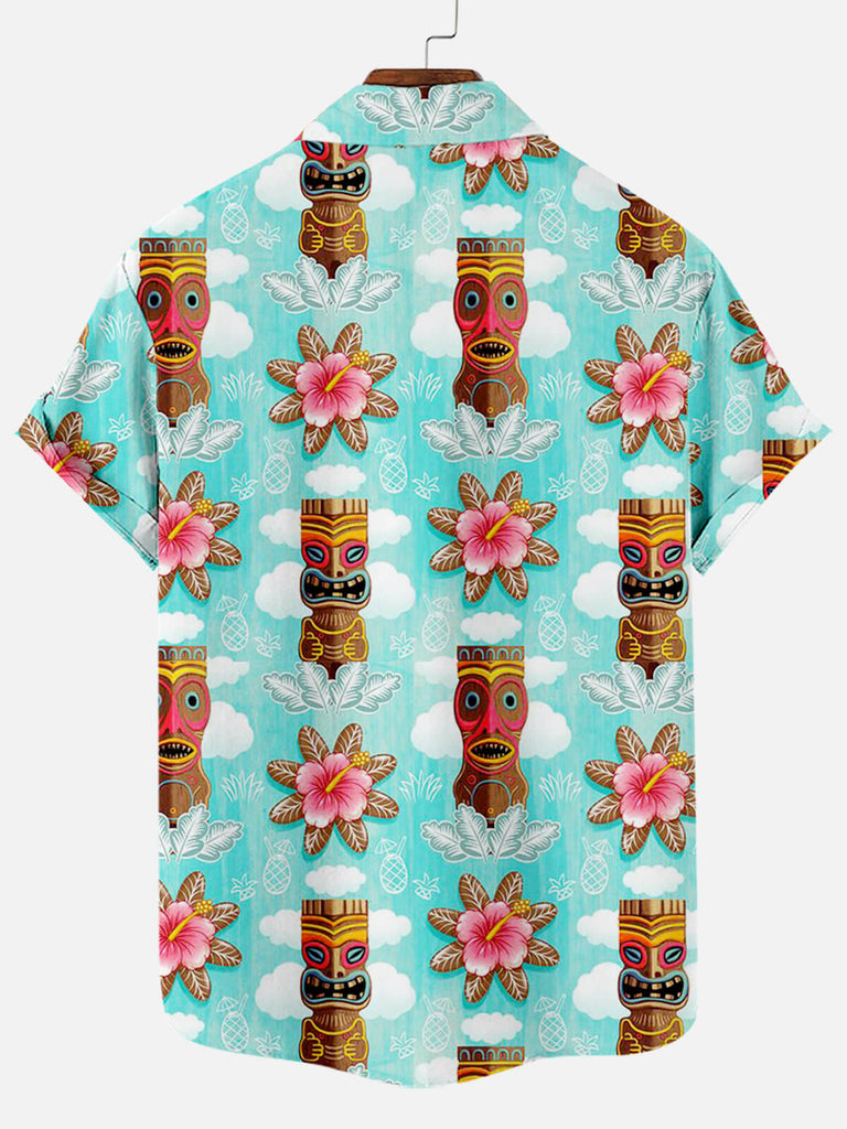 Men's Floral Tiki Pattern Men's Short Sleeve Hawaii Shirt with Chest PocketMens short sleeve shirts Big and tall Mens shirts Short sleeve shirts for men Mens 4xl shirts Casual short sleeve shirts