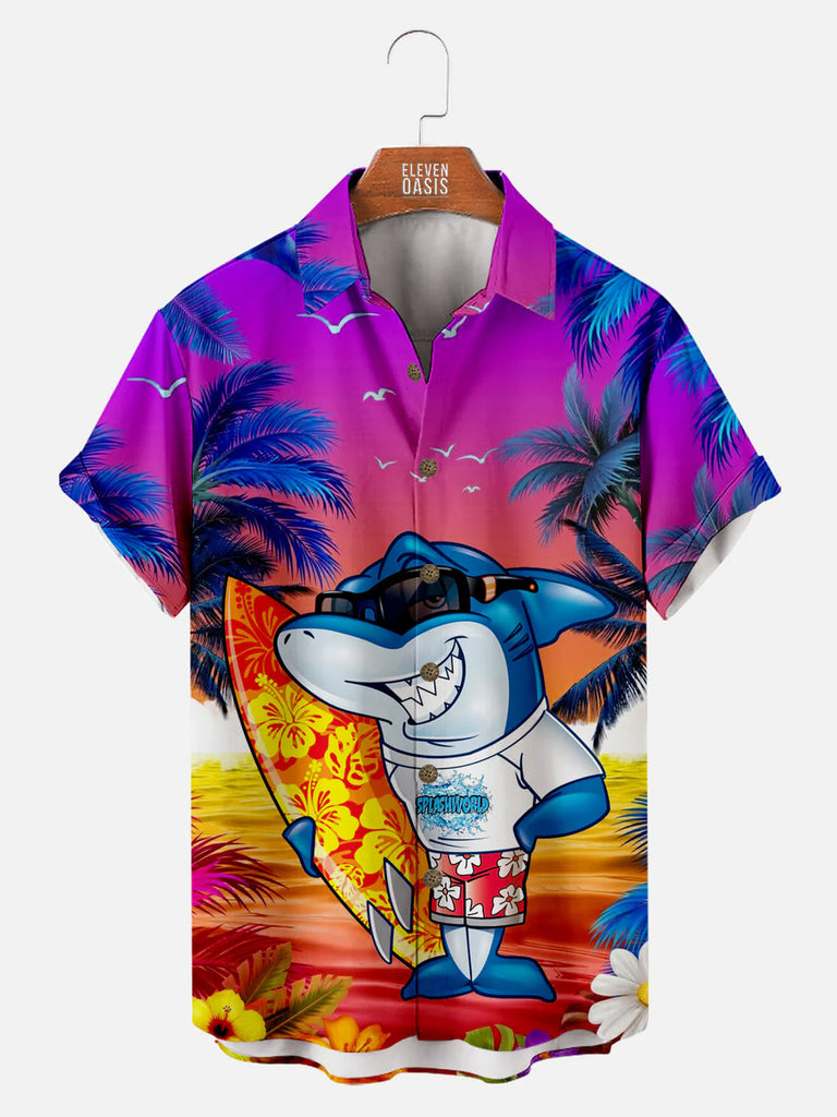 Shark Surfboard Stitching Hawaiian Coconut Men's Short Sleeve ShirtMens short sleeve shirts Big and tall Mens shirts Short sleeve shirts for men Mens 4xl shirts Casual short sleeve shirts