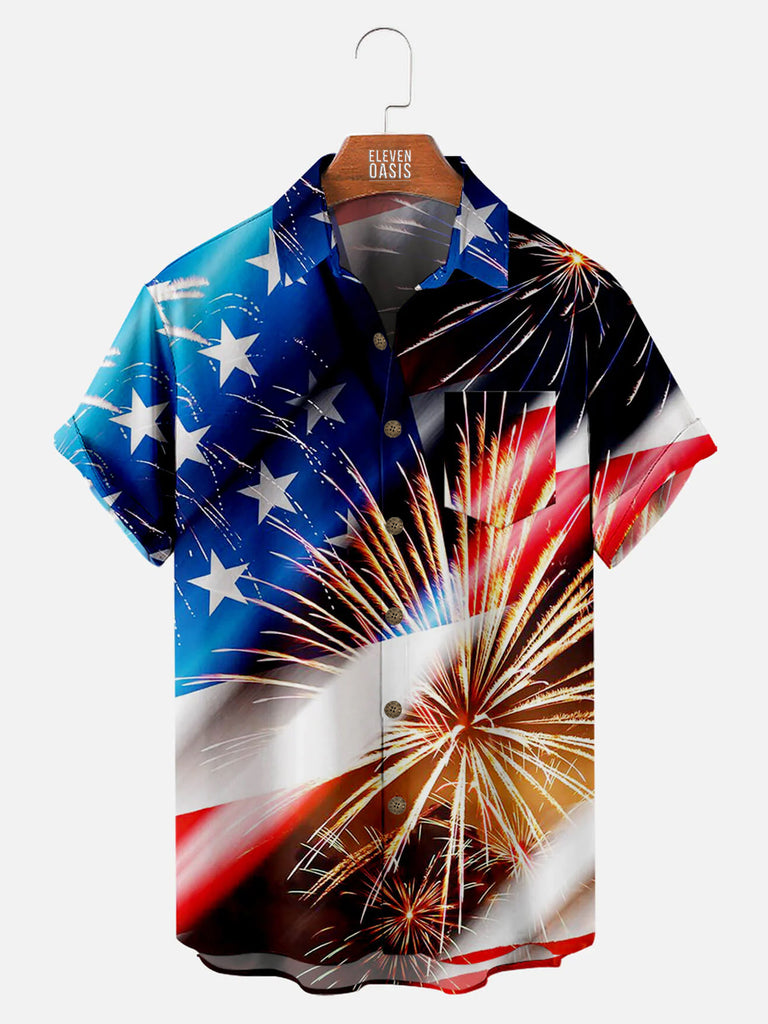 Happy Independence Day Firework Flag Pattern Men's Short Sleeve Pocket ShirtMens short sleeve shirts Big and tall Mens shirts Short sleeve shirts for men Mens 4xl shirts Casual short sleeve shirts