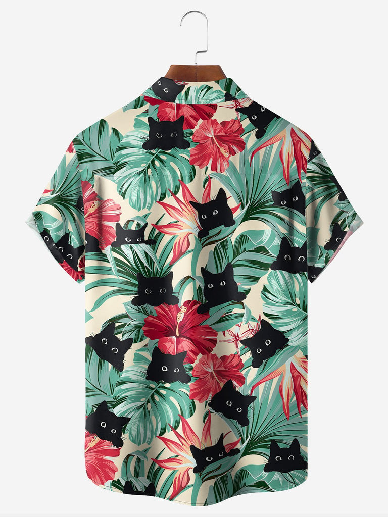 Men's Black Cat Floral Hawaiian Print Short Sleeve Casual ShirtMens short sleeve shirts Big and tall Mens shirts Short sleeve shirts for men Mens 4xl shirts Casual short sleeve shirts