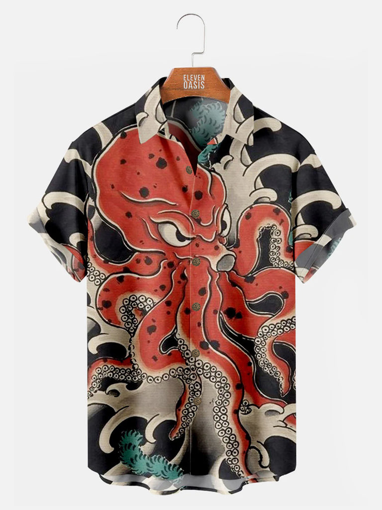 Japan-Inspired Fun Vintage Fun Ocean Octopus Print Pocket Short Sleeve ShirtMens short sleeve shirts Big and tall Mens shirts Short sleeve shirts for men Mens 4xl shirts Casual short sleeve shirts