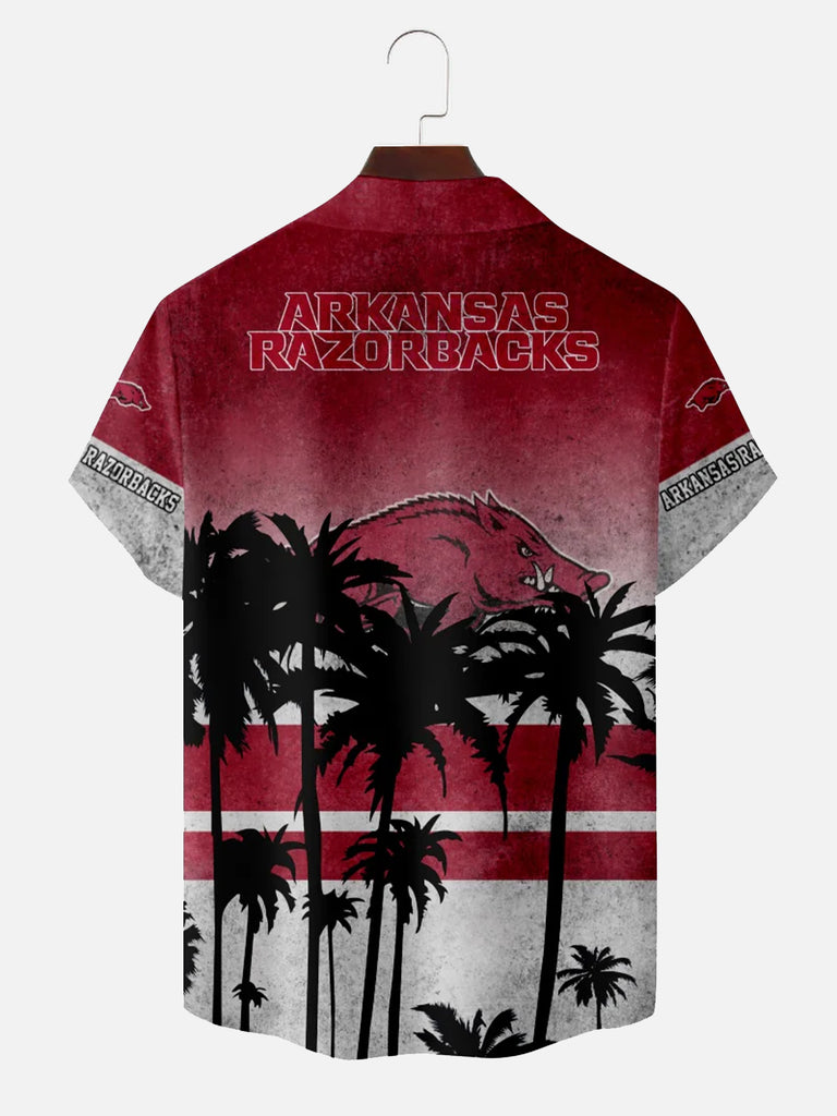 Arkansas Razorbacks American Football Hawaiian Palm Print Short Sleeve ShirtMens short sleeve shirts Big and tall Mens shirts Short sleeve shirts for men Mens 4xl shirts Casual short sleeve shirts