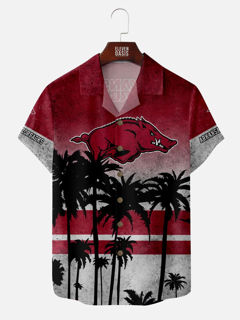 Arkansas Razorbacks American Football Hawaiian Palm Print Short Sleeve ShirtMens short sleeve shirts Big and tall Mens shirts Short sleeve shirts for men Mens 4xl shirts Casual short sleeve shirts