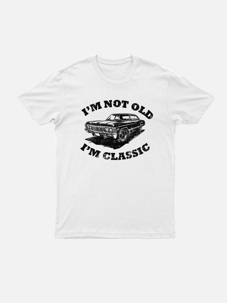 Men's Hotrod T-shirt with vintage muscle car graphic on the front im not old im classic