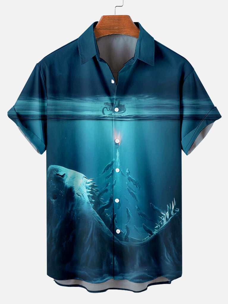 Men's Shark Illustration Print Short Sleeve ShirtMens short sleeve shirts Big and tall Mens shirts Short sleeve shirts for men Mens 4xl shirts Casual short sleeve shirts