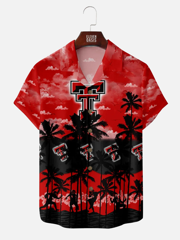 Texas Tech Red Raiders American Football Hawaiian Palm Footballer Silhouette Print Short Sleeve ShirtMens short sleeve shirts Big and tall Mens shirts Short sleeve shirts for men Mens 4xl shirts Casual short sleeve shirts