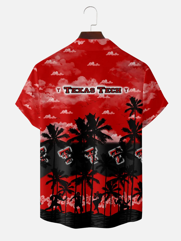 Texas Tech Red Raiders American Football Hawaiian Palm Footballer Silhouette Print Short Sleeve ShirtMens short sleeve shirts Big and tall Mens shirts Short sleeve shirts for men Mens 4xl shirts Casual short sleeve shirts