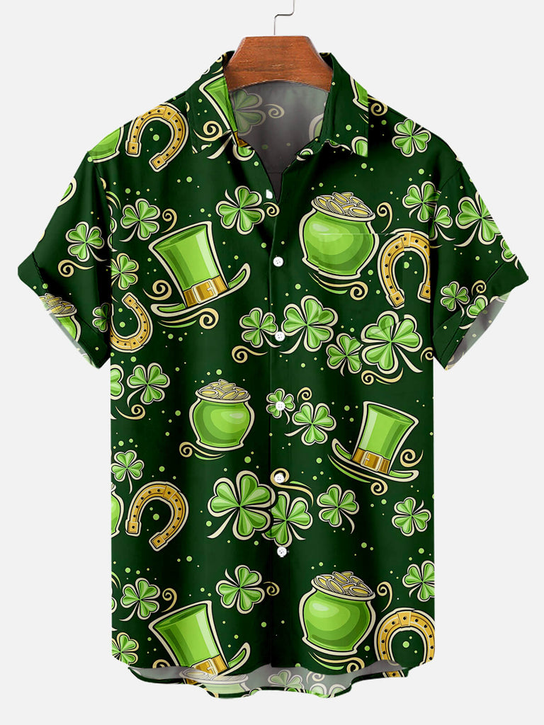 Men's St. Patrick's Day Pot of Gold Clovers Short Sleeve ShirtMens short sleeve shirts Big and tall Mens shirts Short sleeve shirts for men Mens 4xl shirts Casual short sleeve shirts