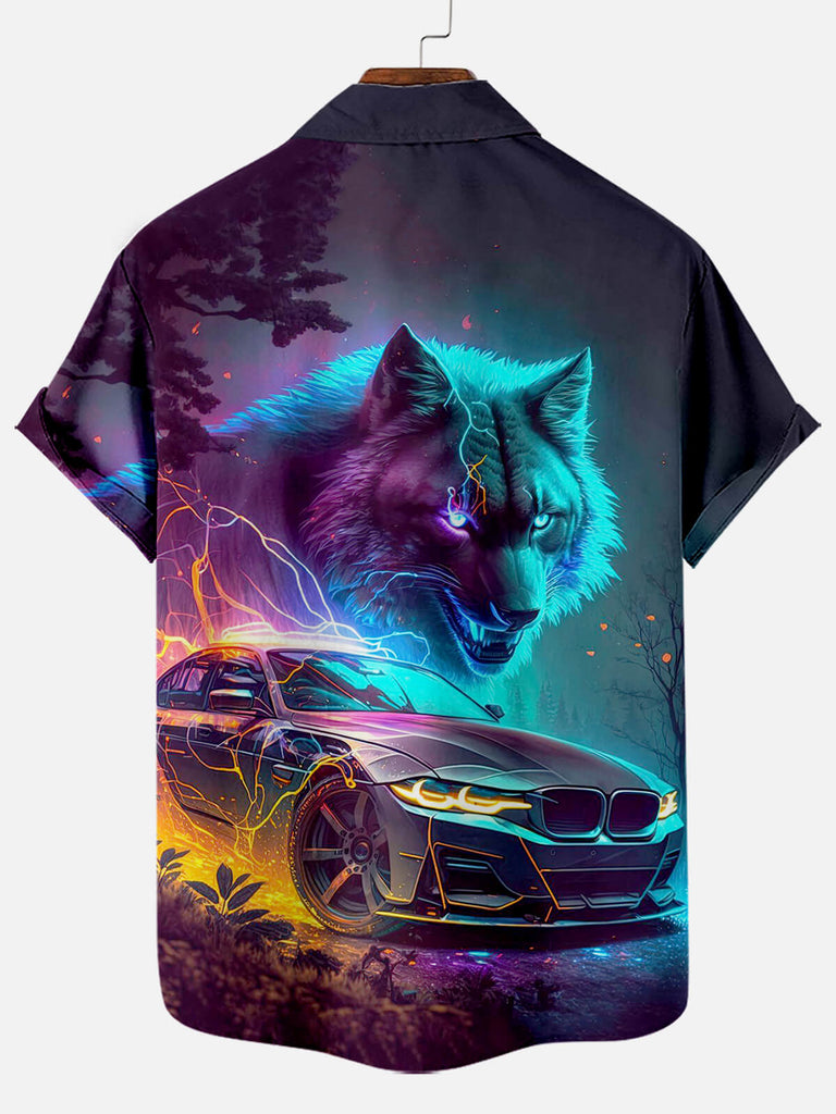 Wolf And Car Pattern Men's Short Sleeve ShirtMens short sleeve shirts Big and tall Mens shirts Short sleeve shirts for men Mens 4xl shirts Casual short sleeve shirts