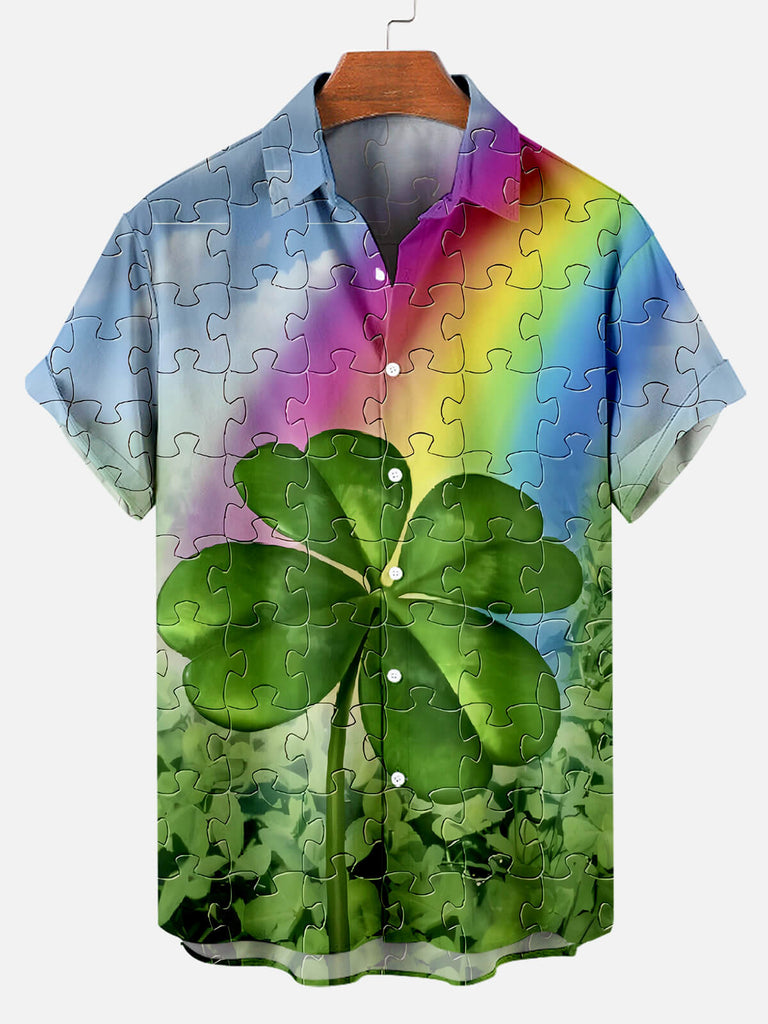 Men's St. Patrick's Clover Puzzle Rainbow Print Short Sleeve ShirtMens short sleeve shirts Big and tall Mens shirts Short sleeve shirts for men Mens 4xl shirts Casual short sleeve shirts