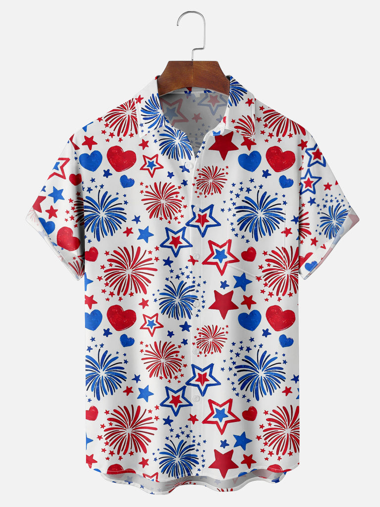 Men's Independence Day Celebration Fireworks and Hearts Short Sleeve ShirtMens short sleeve shirts Big and tall Mens shirts Short sleeve shirts for men Mens 4xl shirts Casual short sleeve shirts