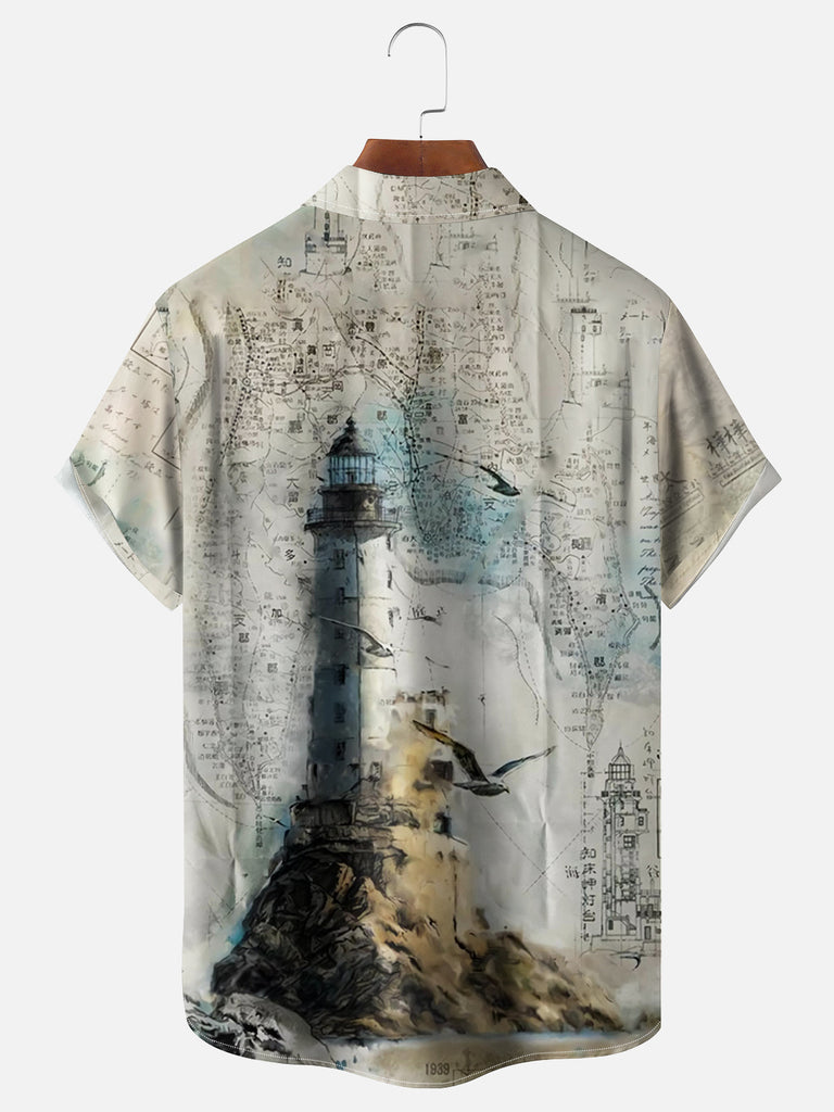 Men's Painted Lighthouse with Seagulls Short Sleeve ShirtMens short sleeve shirts Big and tall Mens shirts Short sleeve shirts for men Mens 4xl shirts Casual short sleeve shirts