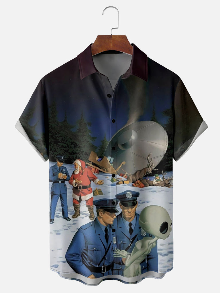 Men's Retro Santa Alien UFO Collision Call the Police Short Sleeve ShirtMens short sleeve shirts Big and tall Mens shirts Short sleeve shirts for men Mens 4xl shirts Casual short sleeve shirts