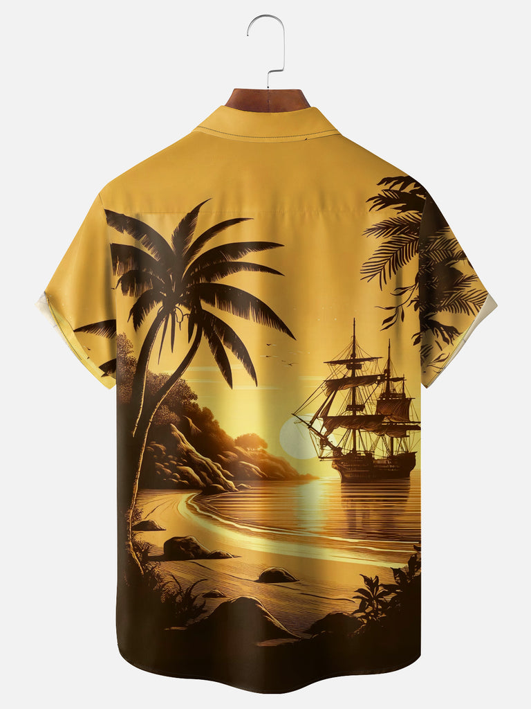 Men's Ship in the Distance from the Beach with Palm Trees Short Sleeve ShirtMens short sleeve shirts Big and tall Mens shirts Short sleeve shirts for men Mens 4xl shirts Casual short sleeve shirts