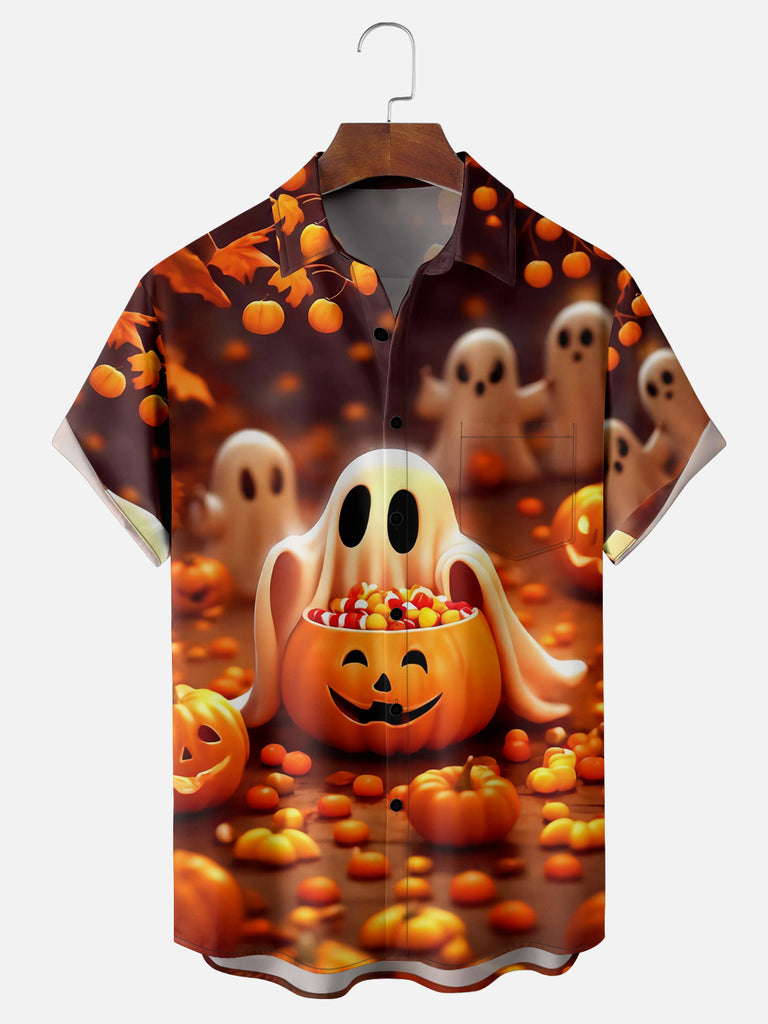 Men's Halloween Cute Trick or Treat Ghost Collecting Candy Short Sleeve ShirtMens short sleeve shirts Big and tall Mens shirts Short sleeve shirts for men Mens 4xl shirts Casual short sleeve shirts