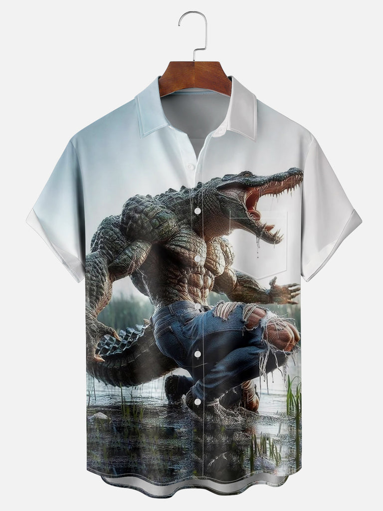 Men's Ripped Crocodile Roading in Swamp Short Sleeve ShirtMens short sleeve shirts Big and tall Mens shirts Short sleeve shirts for men Mens 4xl shirts Casual short sleeve shirts