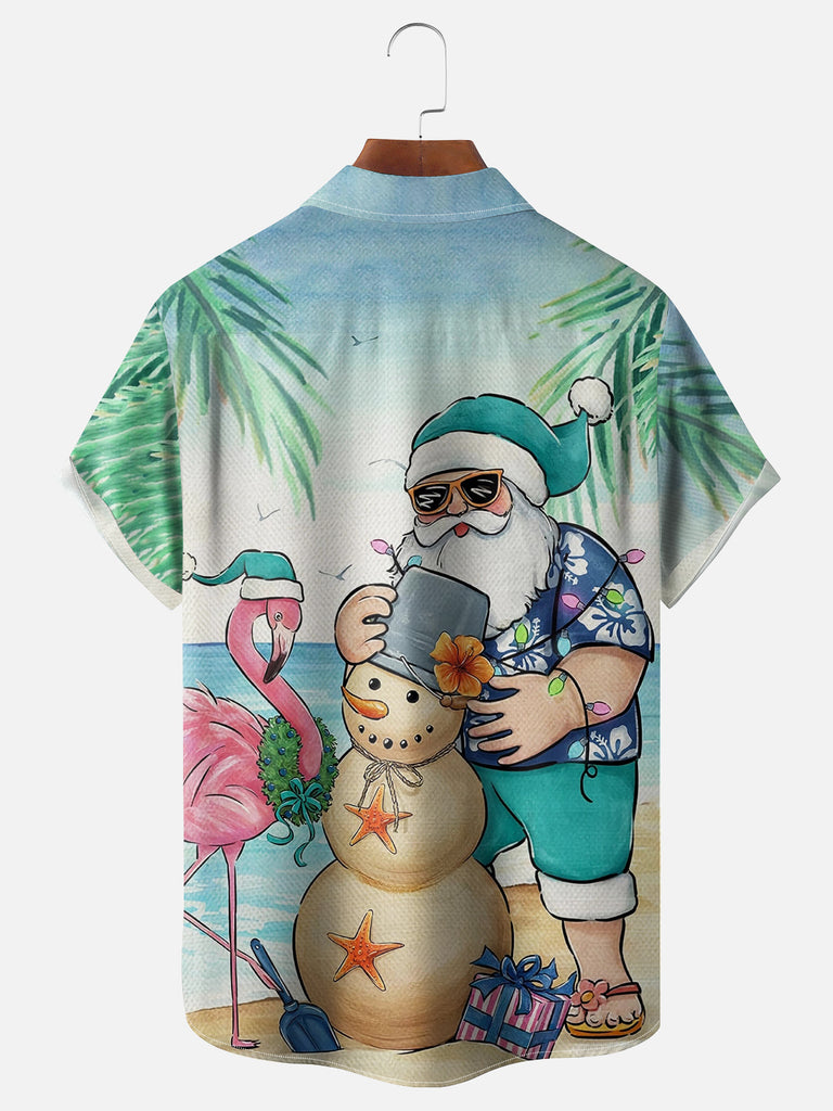 Santa Building Sand Snowman On the Beach with a Flamingo Short Sleeve Shirt, mens short sleeve shirts¡ê?big and tall mens shirts¡ê?short sleeve shirts for men¡ê?mens 4xl shirts¡ê?casual short sleeve shirts