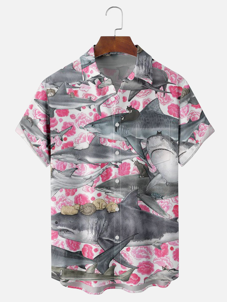 Men's Sharks Seashells and Floral Short Sleeve ShirtMens short sleeve shirts Big and tall Mens shirts Short sleeve shirts for men Mens 4xl shirts Casual short sleeve shirts