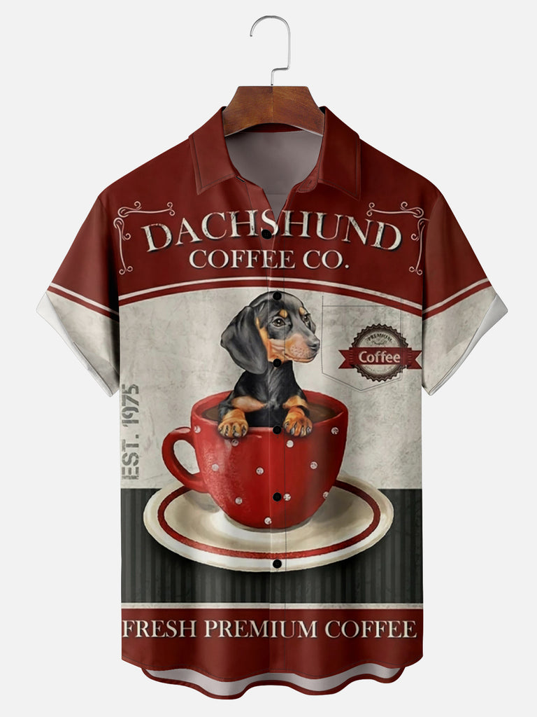 Men's Dachshund Coffee Co Retro Short Sleeve ShirtMens short sleeve shirts Big and tall Mens shirts Short sleeve shirts for men Mens 4xl shirts Casual short sleeve shirts