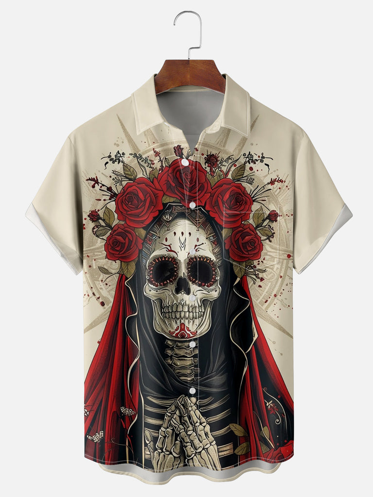 Men's Day of the Dead Sugar Skull Skeleton Flower Crown Short Sleeve ShirtMens short sleeve shirts Big and tall Mens shirts Short sleeve shirts for men Mens 4xl shirts Casual short sleeve shirts