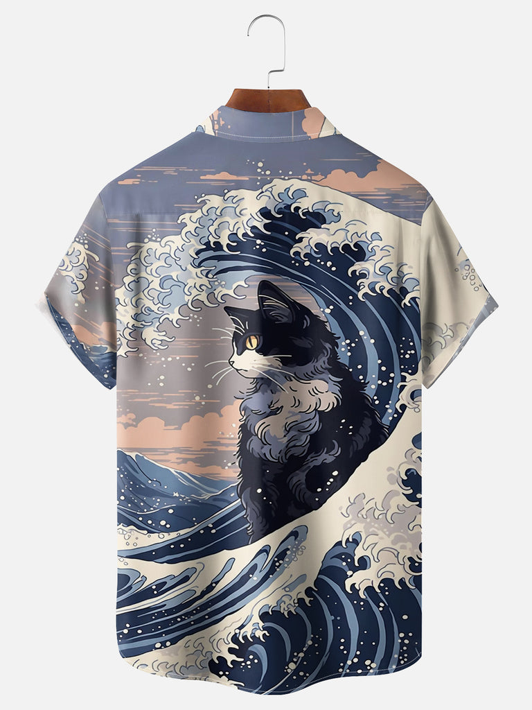 Men's Japan-Inspired Ocean Waves and Cat Short Sleeve ShirtMens short sleeve shirts Big and tall Mens shirts Short sleeve shirts for men Mens 4xl shirts Casual short sleeve shirts