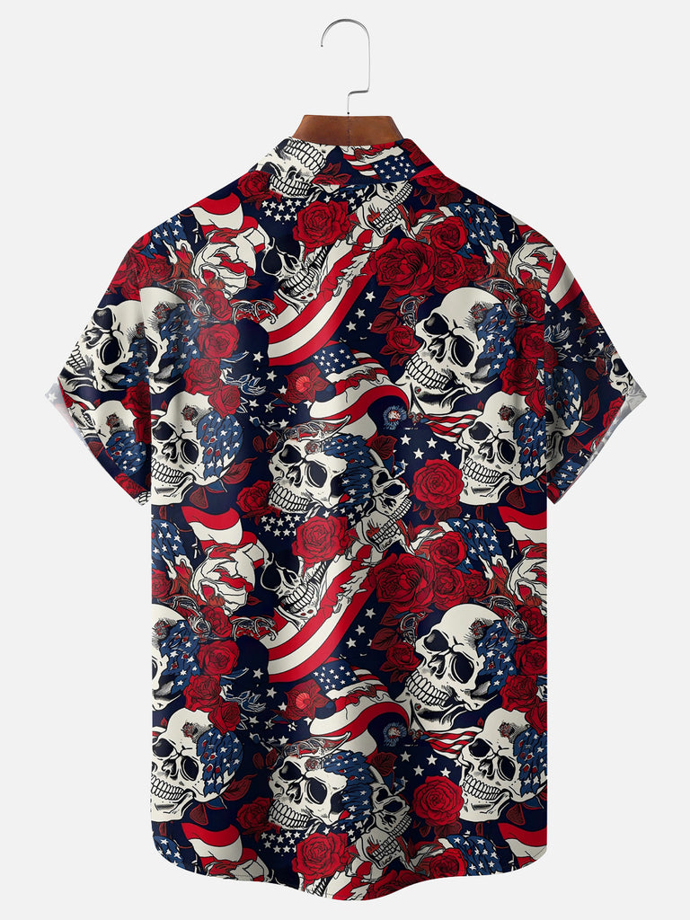 Men's American Flag Roses and Skulls Short Sleeve ShirtMens short sleeve shirts Big and tall Mens shirts Short sleeve shirts for men Mens 4xl shirts Casual short sleeve shirts