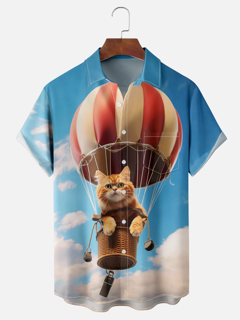 Ginger Cat in a Hot Air Balloon Short Sleeve Shirt, mens short sleeve shirts£¬big and tall mens shirts£¬short sleeve shirts for men£¬mens 4xl shirts£¬casual short sleeve shirts