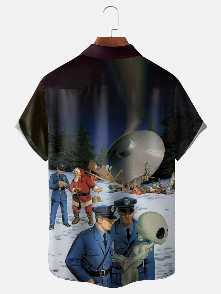 Men's Retro Santa Alien UFO Collision Call the Police Short Sleeve ShirtMens short sleeve shirts Big and tall Mens shirts Short sleeve shirts for men Mens 4xl shirts Casual short sleeve shirts