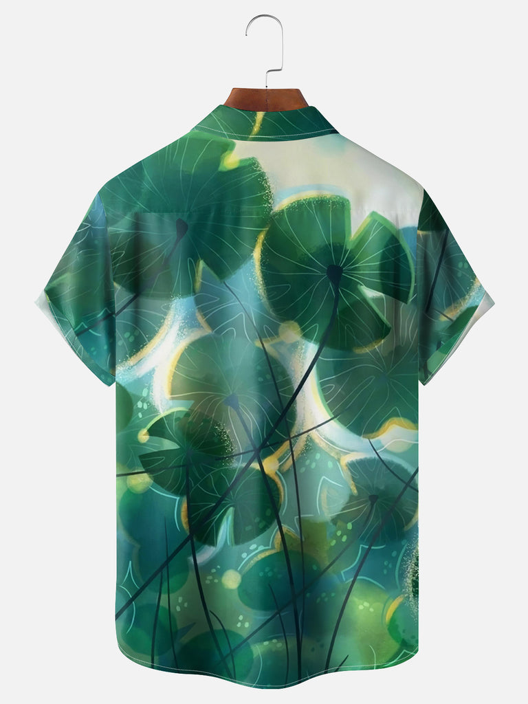 Men's Hand Painted Lily Pads Short Sleeve Shirt, mens short sleeve shirts£¬big and tall mens shirts£¬short sleeve shirts for men£¬mens 4xl shirts£¬casual short sleeve shirts