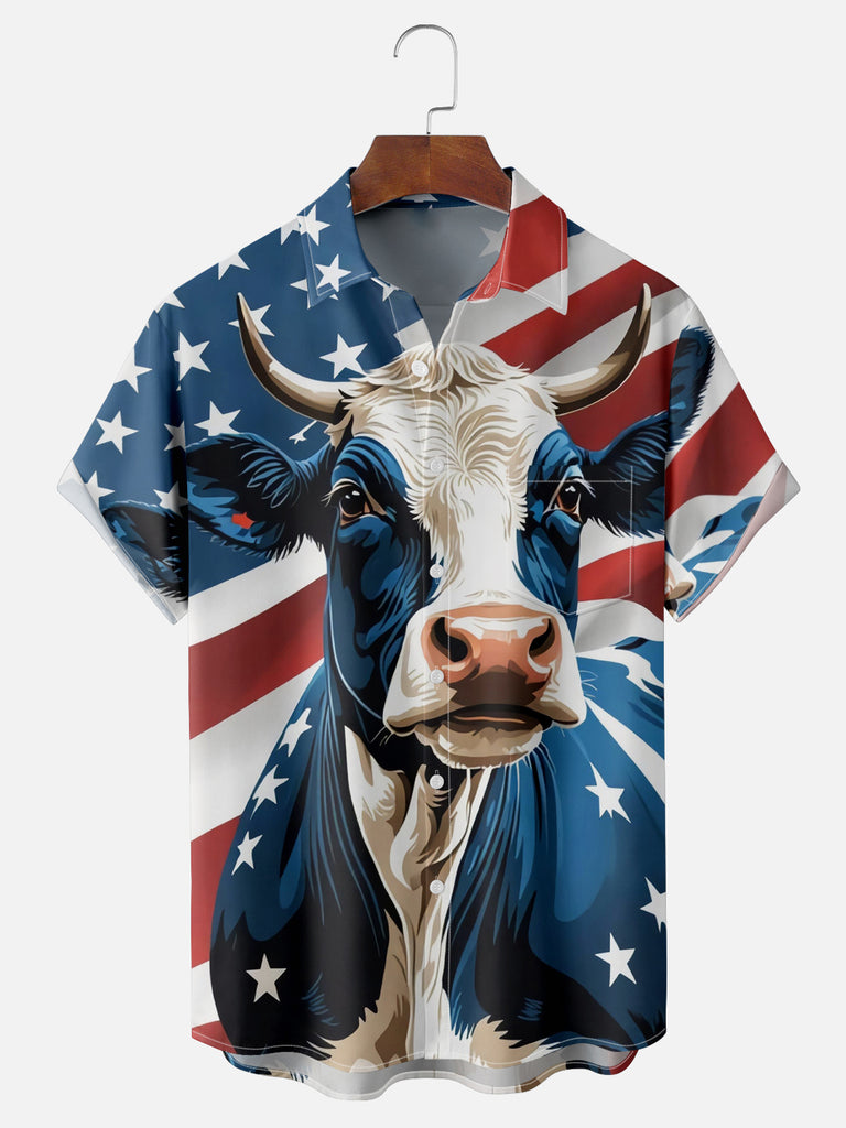 Men's All American Flag Cow Short Sleeve ShirtMens short sleeve shirts Big and tall Mens shirts Short sleeve shirts for men Mens 4xl shirts Casual short sleeve shirts