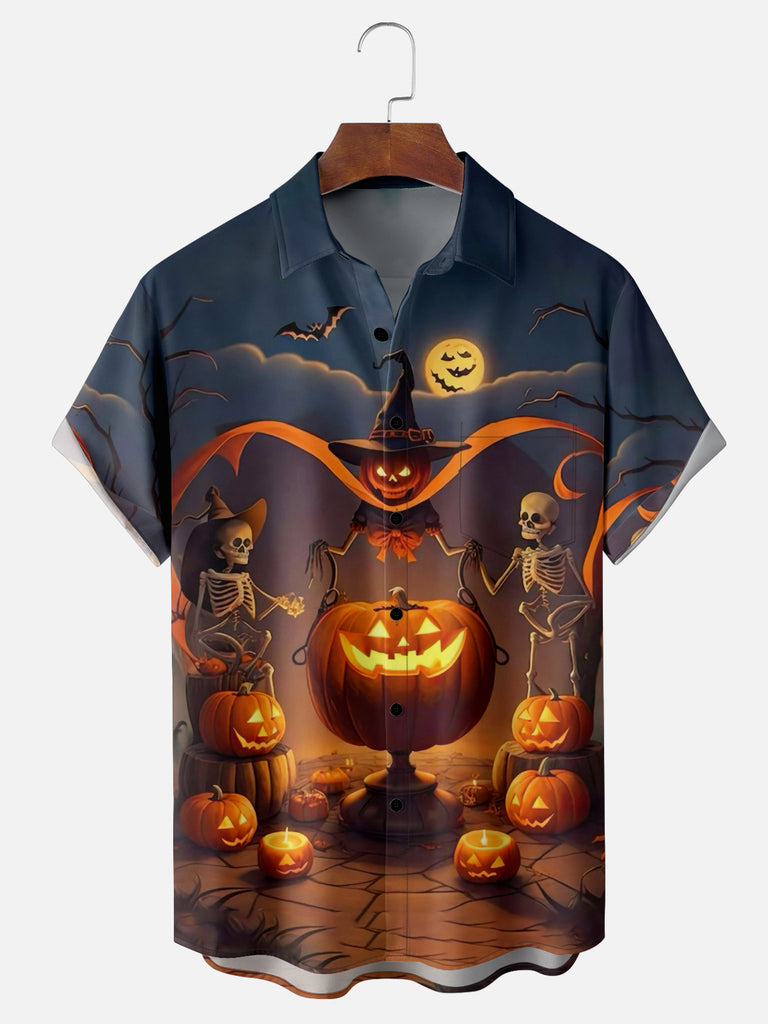 Men's Halloween Skulls Skeletons Wizard Pumpkin Short Sleeve ShirtMens short sleeve shirts Big and tall Mens shirts Short sleeve shirts for men Mens 4xl shirts Casual short sleeve shirts