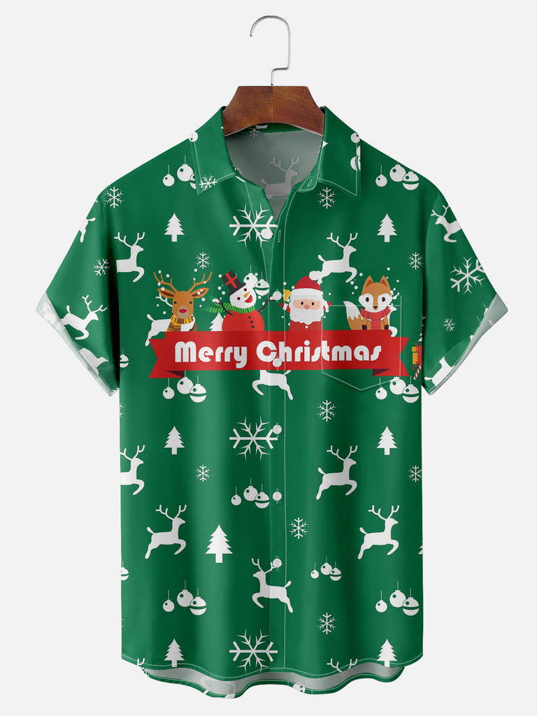 Merry Christmas From Cute Santa Reindeer Snowman and Fox Short Sleeve Shirt, mens short sleeve shirts?¡§o?big and tall mens shirts?¡§o?short sleeve shirts for men?¡§o?mens 4xl shirts?¡§o?casual short sleeve shirts