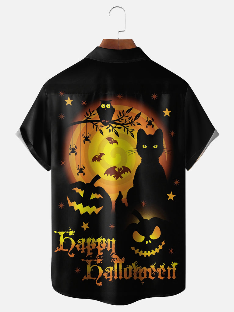 Men's Happy Halloween Pumpkins Cats and Owl Short Sleeve ShirtMens short sleeve shirts Big and tall Mens shirts Short sleeve shirts for men Mens 4xl shirts Casual short sleeve shirts