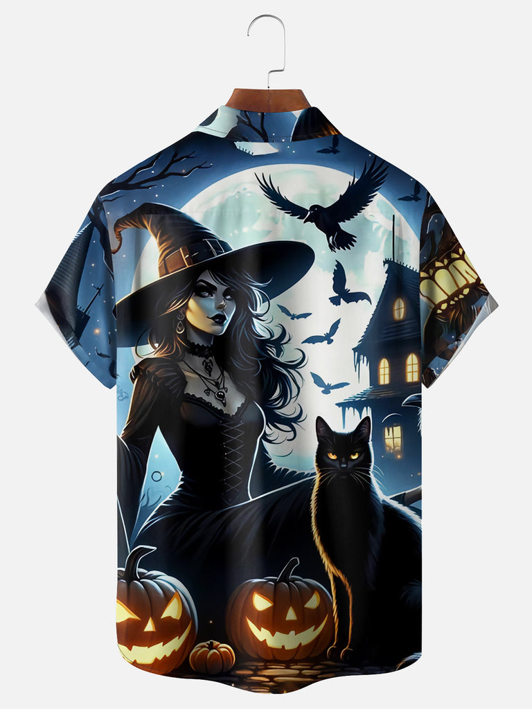 Men's Halloween Beautiful Witch Black Cat and Pumpkins Short Sleeve ShirtMens short sleeve shirts Big and tall Mens shirts Short sleeve shirts for men Mens 4xl shirts Casual short sleeve shirts