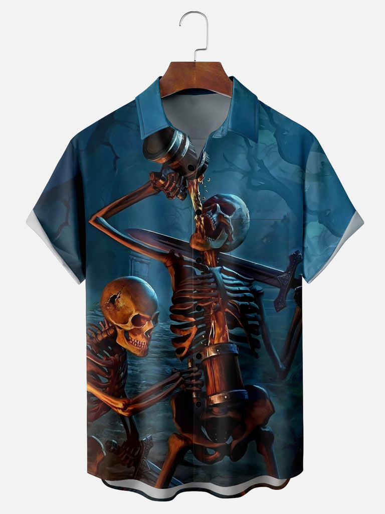 Men's Skeletons and Skulls Having A Drink Short Sleeve ShirtMens short sleeve shirts Big and tall Mens shirts Short sleeve shirts for men Mens 4xl shirts Casual short sleeve shirts