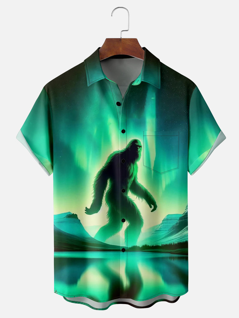 Men's Big Foot Under the Aurora Lights Short Sleeve ShirtMens short sleeve shirts Big and tall Mens shirts Short sleeve shirts for men Mens 4xl shirts Casual short sleeve shirts