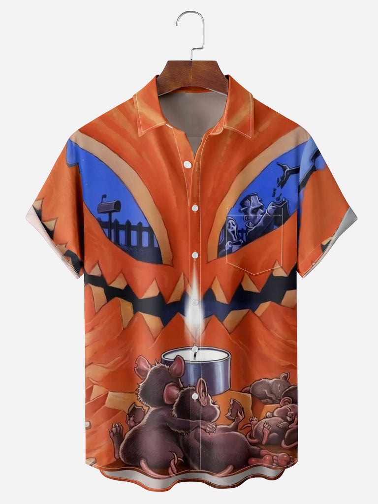 Men's Mice Family Enjoying Frankenstein Halloween From Inside Pumpkin Short Sleeve ShirtMens short sleeve shirts Big and tall Mens shirts Short sleeve shirts for men Mens 4xl shirts Casual short sleeve shirts