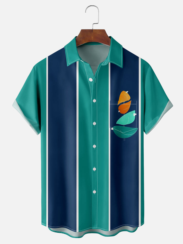 Men's Four Birds Striped Bowling Short Sleeve Shirt, mens short sleeve shirts¡ê?big and tall mens shirts¡ê?short sleeve shirts for men¡ê?mens 4xl shirts¡ê?casual short sleeve shirts