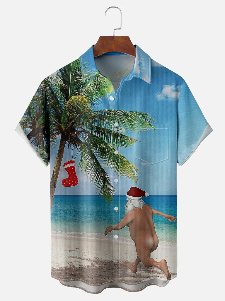 Men's Naked Santa Running on the Beach to a Christmas Stocking Palm Tree Short Sleeve ShirtMens short sleeve shirts Big and tall Mens shirts Short sleeve shirts for men Mens 4xl shirts Casual short sleeve shirts