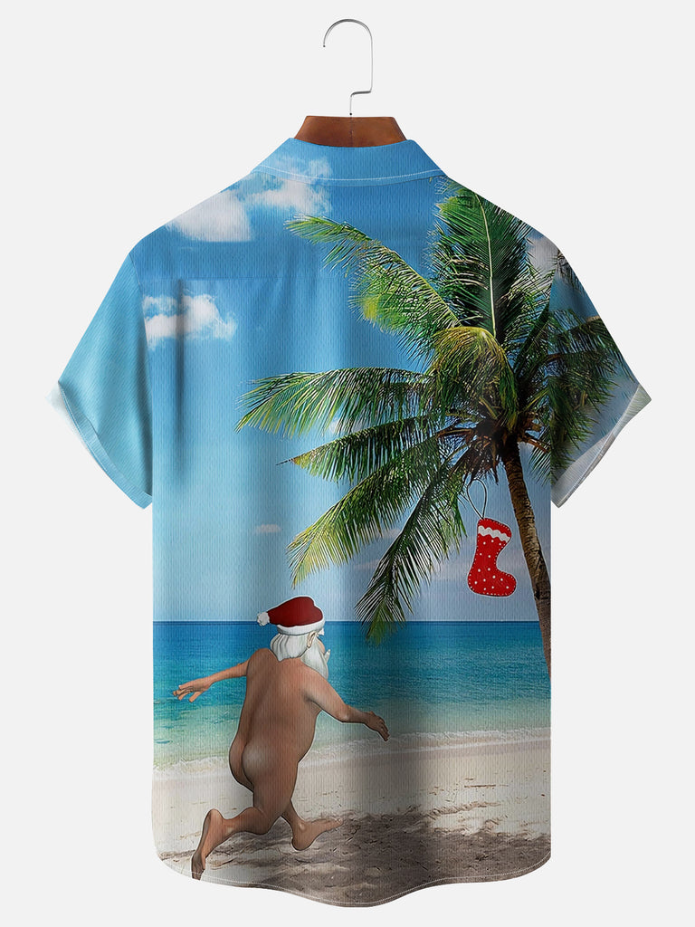 Men's Naked Santa Running on the Beach to a Christmas Stocking Palm Tree Short Sleeve ShirtMens short sleeve shirts Big and tall Mens shirts Short sleeve shirts for men Mens 4xl shirts Casual short sleeve shirts