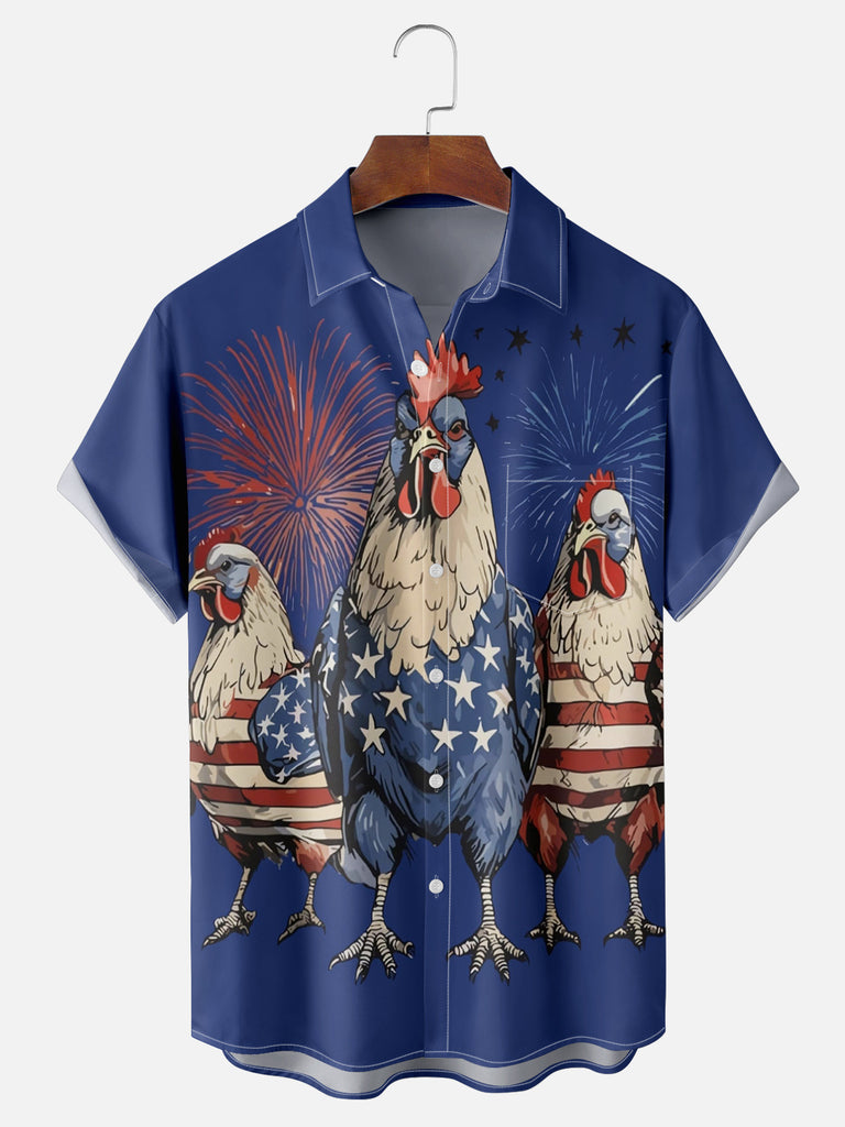 American Roosters with the Flag in the House with Fireworks Short Sleeve Shirt, mens short sleeve shirts£¬big and tall mens shirts£¬short sleeve shirts for men£¬mens 4xl shirts£¬casual short sleeve shirts