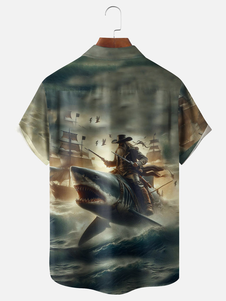 Men's Ocean Cowboy Riding a Shark Guns Blazing Short Sleeve ShirtMens short sleeve shirts Big and tall Mens shirts Short sleeve shirts for men Mens 4xl shirts Casual short sleeve shirts